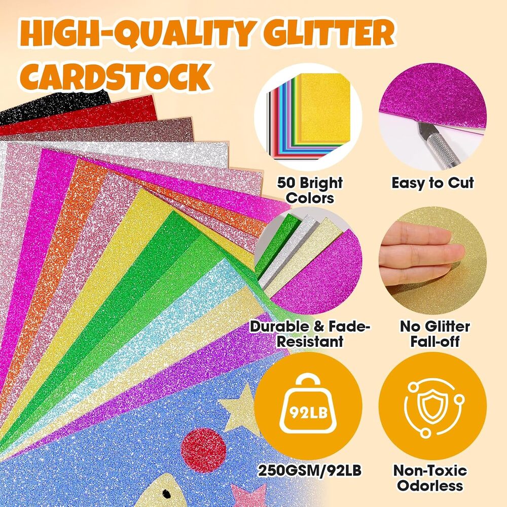 300 Sheets 8.5" X 11" Glitter Cardstock, 50 Assorted Colors 250GSM/92LB No-Shed - Picture 4 of 7